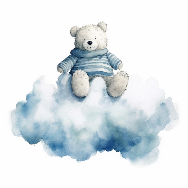 Auf einer Wolke sitzt ein Teddybär mit generativer KI in blauem Hemd