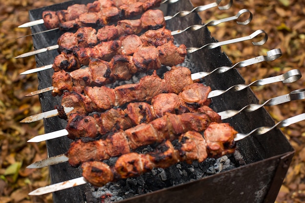 Auf Feuer gegrilltes Fleisch gegrillte Kebabs auf dem Grill