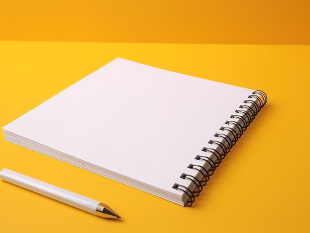 Auf gelbem Hintergrund liegt ein weißes Notizbuch mit einem Stift darauf.