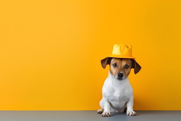 Auf gelbem Hintergrund sitzt ein Hund mit gelbem Bauhut.