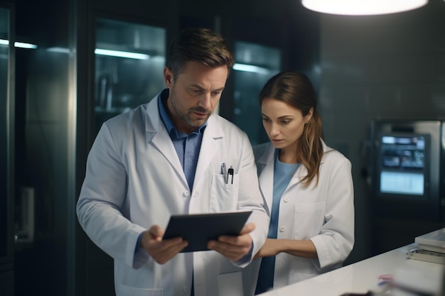 Auf generative KI fokussierter junger männlicher Arzt, der auf den Bildschirm eines digitalen Computer-Tablets zeigt und seine Gesundheit teilt