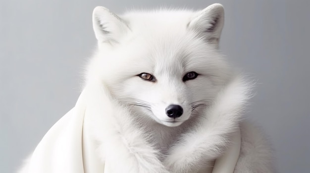Auf grauem Hintergrund sitzt ein weißer Fuchs mit braunen Augen.