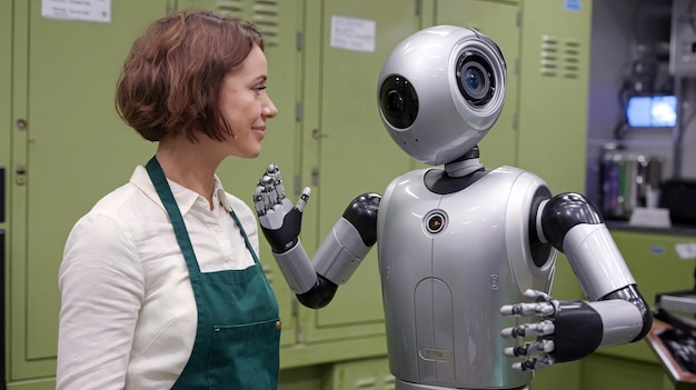 Auf grünem Hintergrund stehen eine Frau und ein Roboter gegenüber