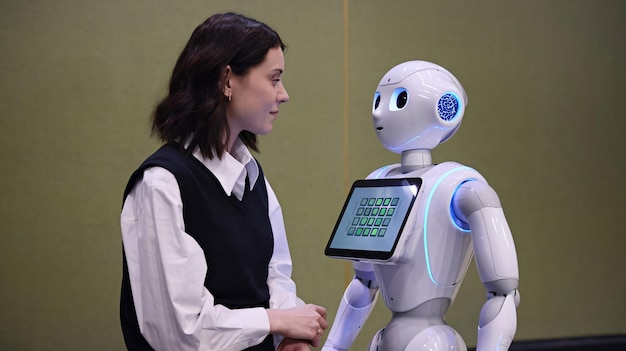 Auf grünem Hintergrund stehen eine Frau und ein Roboter gegenüber
