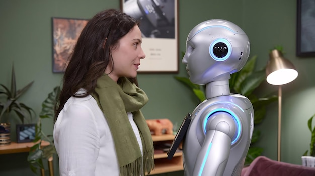 Auf grünem Hintergrund stehen eine Frau und ein Roboter gegenüber