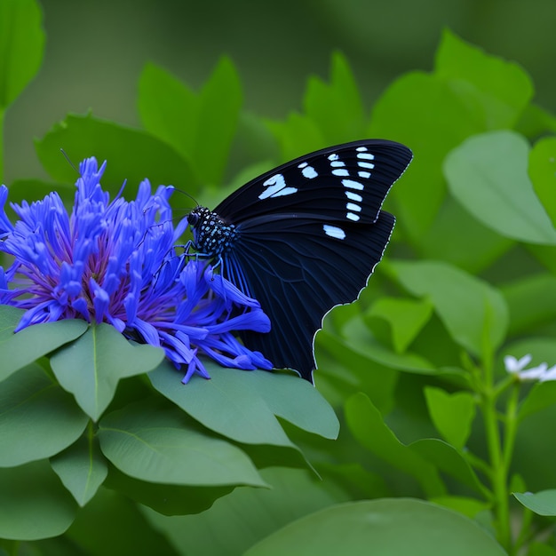 Auf grünem Hintergrund steht ein Schmetterling mit einer blauen Blume darauf.