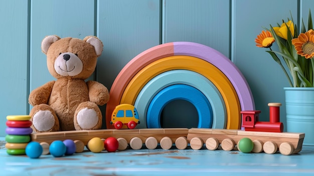 Auf hellblauem Hintergrund sind ein Teddybär, ein Regenbogenzug aus Holz und Babyspielzeug zu sehen