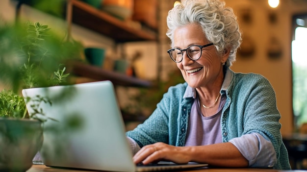 Auf ihrem Laptop ist die Seniorin mit Generative-KI-Senioren und -Technologie abgebildet