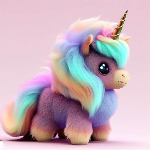 Auf rosa Hintergrund sitzt ein Einhorn mit Regenbogenmähne.