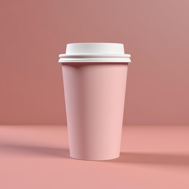 Auf rosa Hintergrund steht eine Kaffeetasse mit weißem Deckel