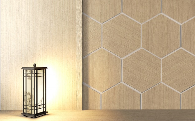 Auf Schrank in modernen leeren Raum Japanisch und Design Sechseck Fliesen Holz an der Wand Zen-Stil, minimale Designs. 3D-Rendering