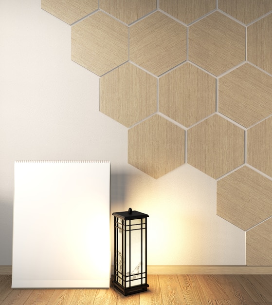 Auf Schrank in modernen leeren Raum Japanisch und Design Sechseck Fliesen Holz an der Wand Zen-Stil, minimale Designs. 3D-Rendering