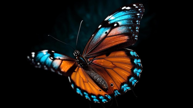 Auf schwarzem Hintergrund ist ein Schmetterling mit blauen Flügeln abgebildet.