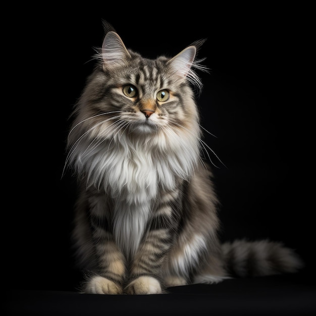 Auf schwarzem Hintergrund sitzt eine Katze mit langen Haaren und langem Fell.