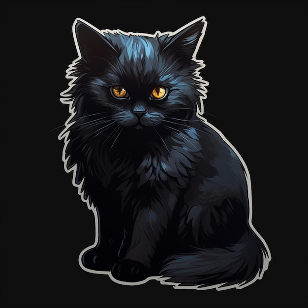 Auf schwarzem Hintergrund sitzt eine schwarze Katze mit gelben Augen.