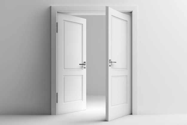 Auf weißem Hintergrund befinden sich zwei geschlossene authentische weiße Eingangstüren. Konzept für Erfolg, Geschäft und Auswahl. Illustration eines Konzepts für einen herzlichen Empfang, eine Einladung zum Eintritt oder eine neue Chance