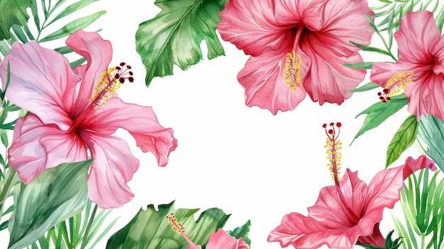 Auf weißem Hintergrund ein Bouquet mit rosa Hibiscusblumen, tropischen Blättern und Blumenelementen, Aquarell mit Sommergarten und Wildblumen, Designrahmen mit modernen Elementen