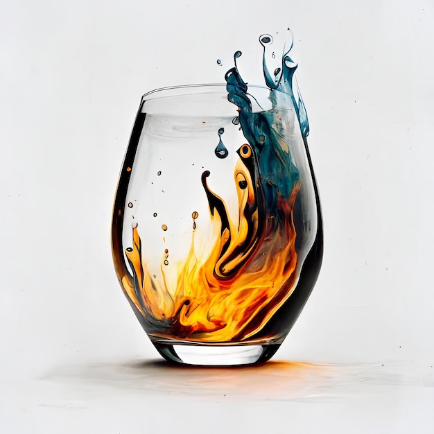 Auf weißem Hintergrund ein Glas Flüssigkeit in Form von Feuer Generative KI