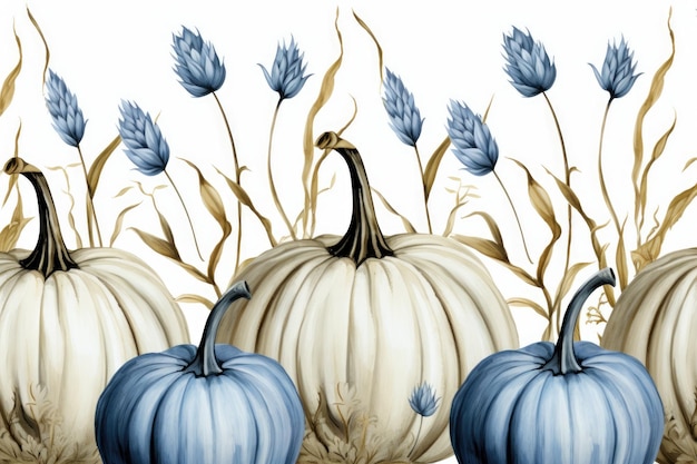 Auf weißem Hintergrund ein nahtloses Aquarelldesign mit blauen Kürbissen und Kürbisblättern bei der Ernte