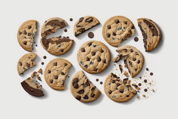 Auf weißem Hintergrund eine Sammlung von Chocolate Chip Cookies in zwei Hälften