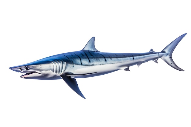 Auf weißem Hintergrund ist ein Hai mit blauem Gesicht abgebildet.