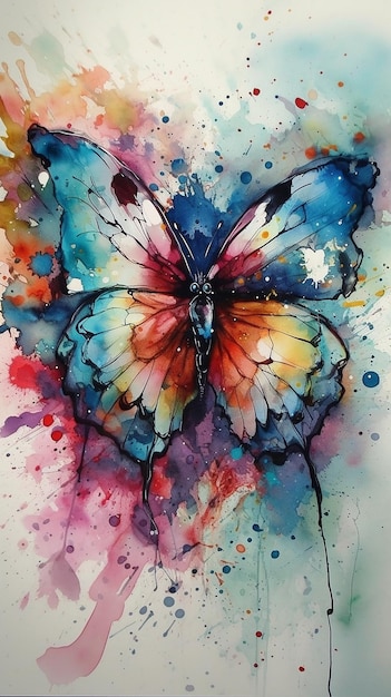 Auf weißem Hintergrund ist ein Schmetterling mit gelben und blauen Flügeln gemalt.