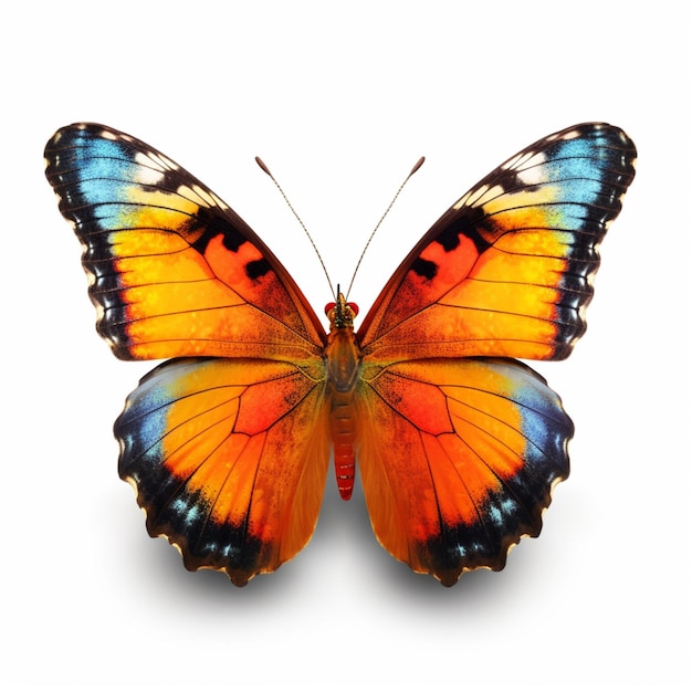 Auf weißem Hintergrund ist ein Schmetterling mit orangefarbenen und blauen Flügeln abgebildet.