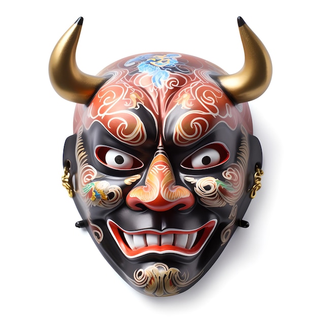 Auf weißem Hintergrund ist eine Maske mit Hörnern und einem goldenen Horn abgebildet.
