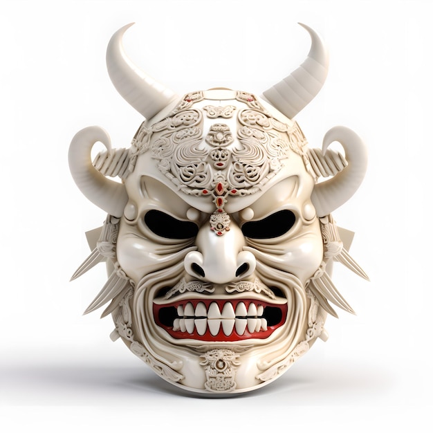 Auf weißem Hintergrund ist eine weiße Maske mit Hörnern und roter Nase zu sehen.