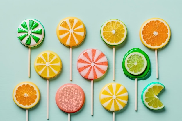 Auf weißem Hintergrund sind sieben Lutscher in Form von Wassermelonen, Orangen, Zitronen und Limetten Minimalistisches Sommerkonzept für Süßigkeiten-Snacks mit Kopienraum oben