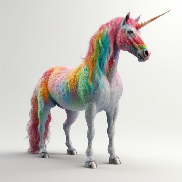 Auf weißem Hintergrund steht ein Einhorn mit Regenbogenmähne und Schweif.