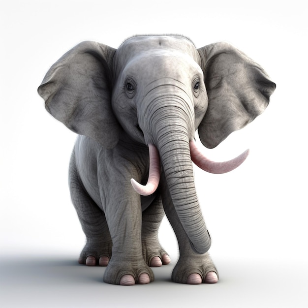 Auf weißem Hintergrund steht ein grauer Elefant mit rosa Stoßzähnen.