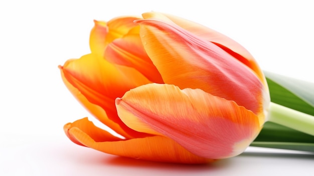 Auf weißem Hintergrund steht eine Tulpe mit orangefarbenen und gelben Blütenblättern.