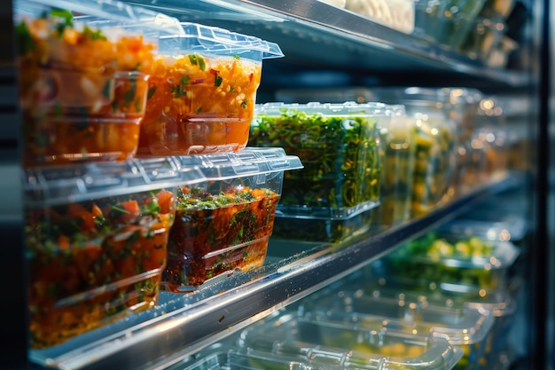 Foto aufbewahrung von lebensmitteln im kühlschrank gemüse und fertiggerichte in behältern kühlschrankschalter