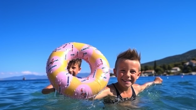 Aufblasbare Spaßbruderschaft im Meer mit einem Donut-förmigen Schwimmgerät