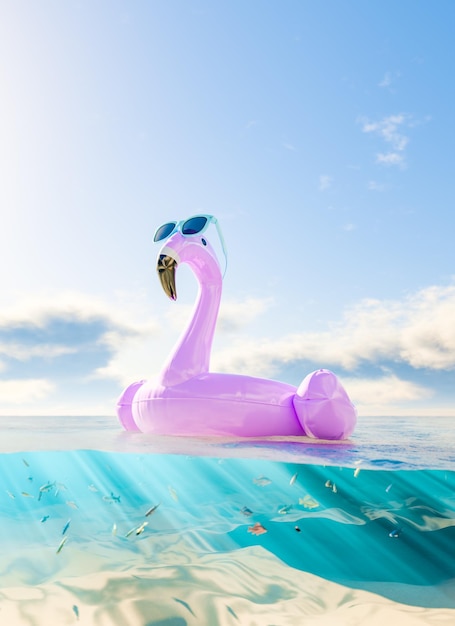 Aufblasbarer Flamingo im Meerwasser im Sommer