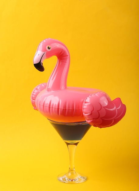 Aufblasbarer rosa Flamingo mit Cocktail auf gelbem Hintergrund Poolparty Sommer minimalistisches Konzept