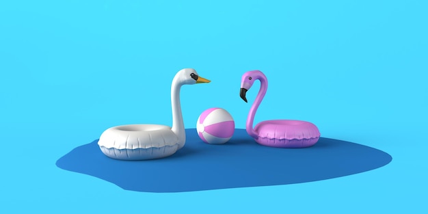 Aufblasbarer Schwimmer aus rosafarbenem Flamingo und weißem Schwan, der in einem Wasserbecken mit Wasserball schwimmt