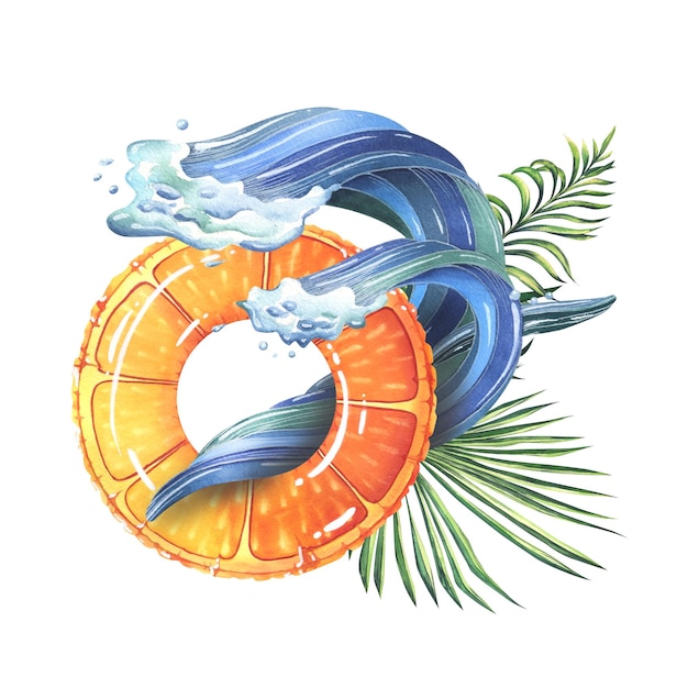 Aufblasbarer Schwimmring mit orangefarbener Meereswelle und tropischen Palmblättern. Aquarell-Illustration, handgezeichnet, isolierte Komposition auf weißem Hintergrund