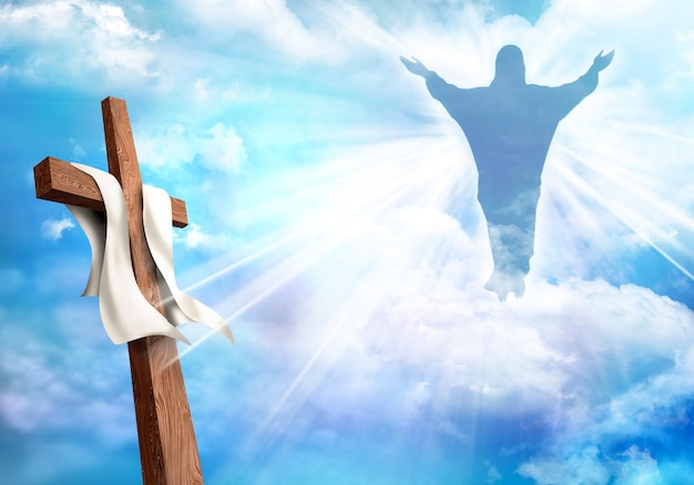Auferstehung Christliches Kreuz mit auferstandenem Jesus Christus und Wolken Himmelshintergrund Leben nach dem Tod