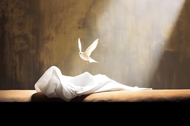 Auferstehung Jesu Christi Konzept Ein weißer Vogel Leichentuch und Kreuzigung bei Sonnenaufgang