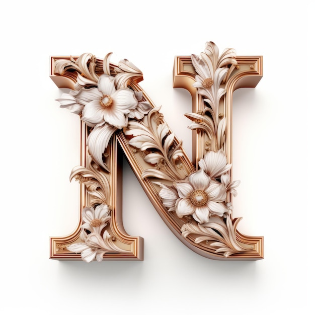 Auffälliger 3D-Blumenbuchstabe N in Gold und Elfenbein