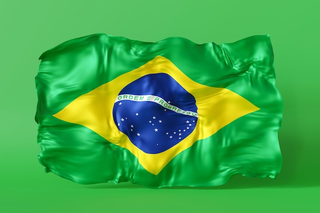 Auffallende Darstellung der brasilianischen Flagge, die gegen einen lebendigen grünen Hintergrund schwebt und Brasiliens reiche Kultur und lebhafte nationale Identität symbolisiert.