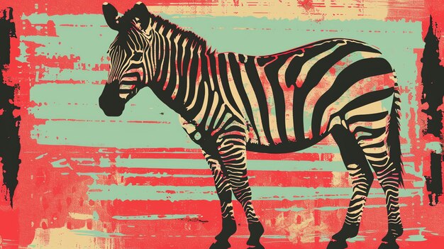 Auffallendes digitales Gemälde eines Zebras mit rotem und blauem Hintergrund Das Zebra ist der Schwerpunkt des Bildes und ist in einem realistischen Stil dargestellt