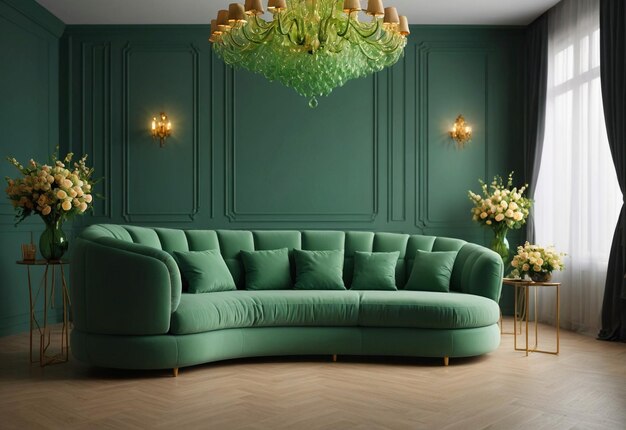 Aufgeblasenes, gekrümmtes Sofa in einem geräumigen Zimmer mit Kronleuchter vor dem Sofa und Blumenvase