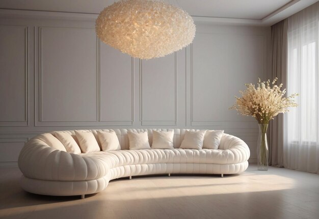 Aufgeblasenes, gekrümmtes Sofa in einem geräumigen Zimmer mit Kronleuchter vor dem Sofa und Blumenvase