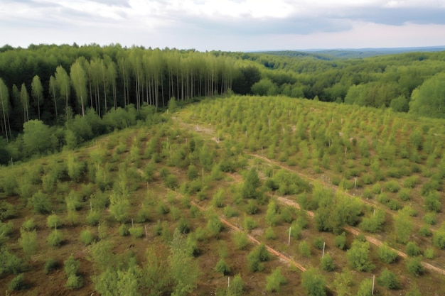 Aufgeforstetes Gebiet mit jungen Bäumen, umgeben von einer mit generativer KI geschaffenen Naturlandschaft
