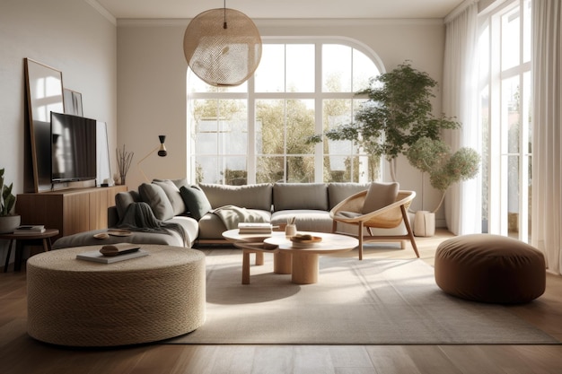 Aufgeräumtes Wohnzimmer mit minimalistischem Dekor und viel natürlichem Licht, geschaffen mit generativer KI