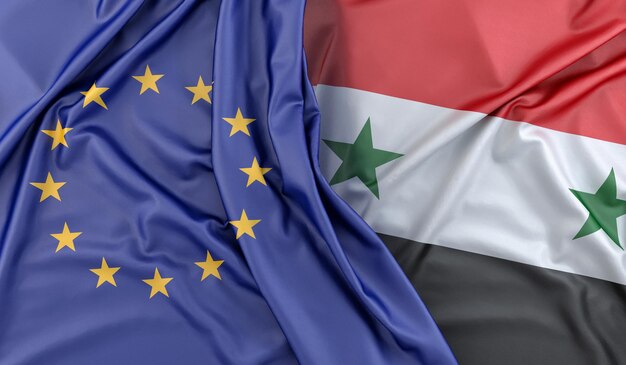 Aufgeräuschte Flaggen der Europäischen Union und Syriens 3D-Rendering