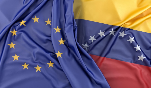 Aufgeräuschte Flaggen der Europäischen Union und Venezuelas 3D-Rendering